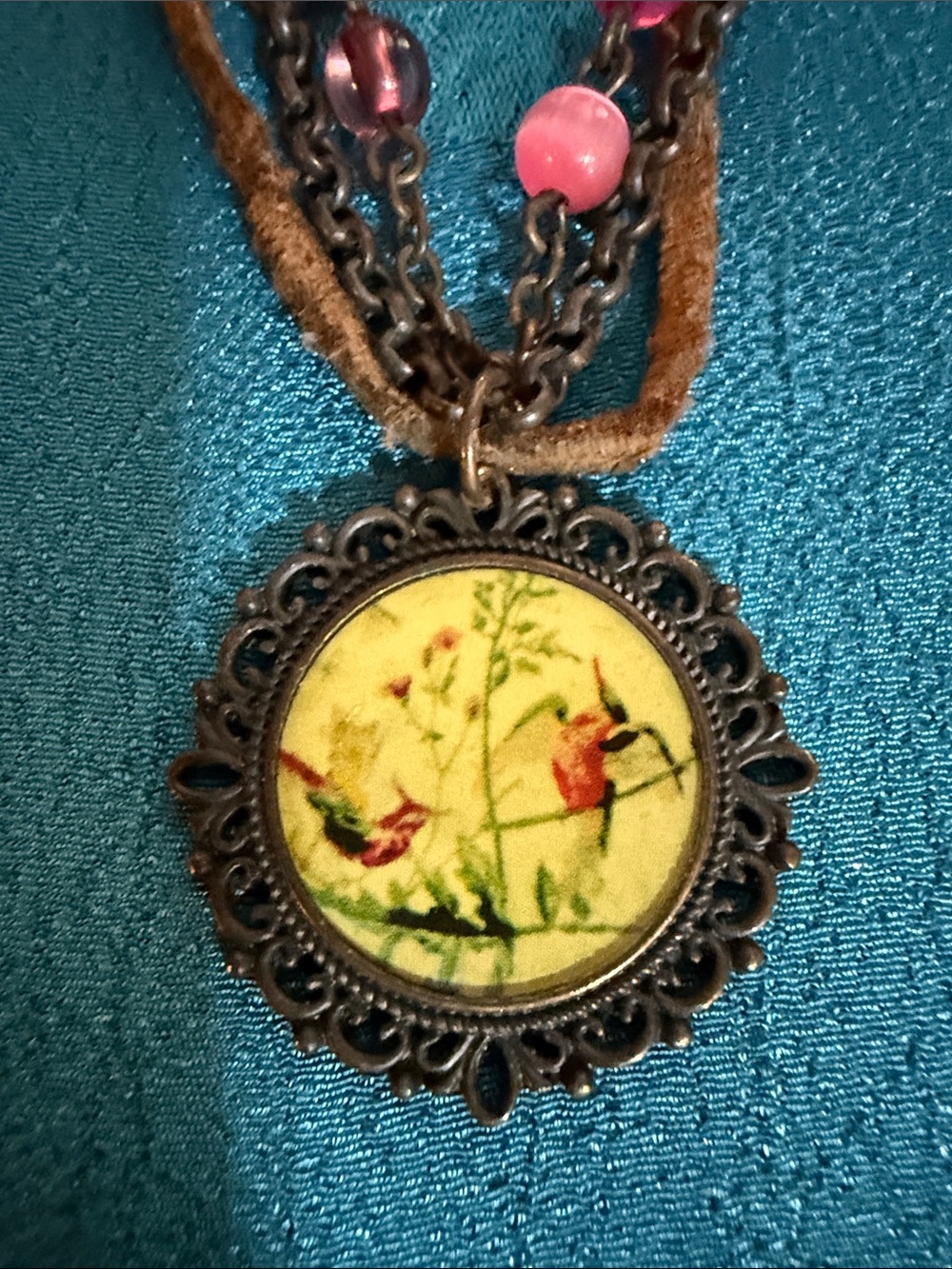 Vintage-Style Bird Pendant Necklace in Yellow and Pink